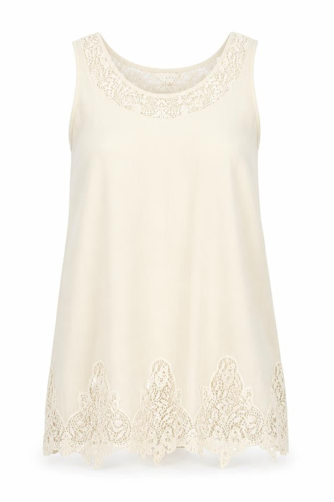 Adiva Womens Beige Viscose Basic Tank Size L Boat Neck - Crocheted Lace Detail