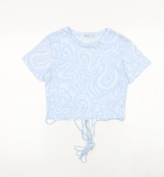 Stradivarius Womens Blue Geometric 100% Cotton Cropped T-Shirt Size M Round Neck - Tie Detail
