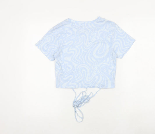 Stradivarius Womens Blue Geometric 100% Cotton Cropped T-Shirt Size M Round Neck - Tie Detail
