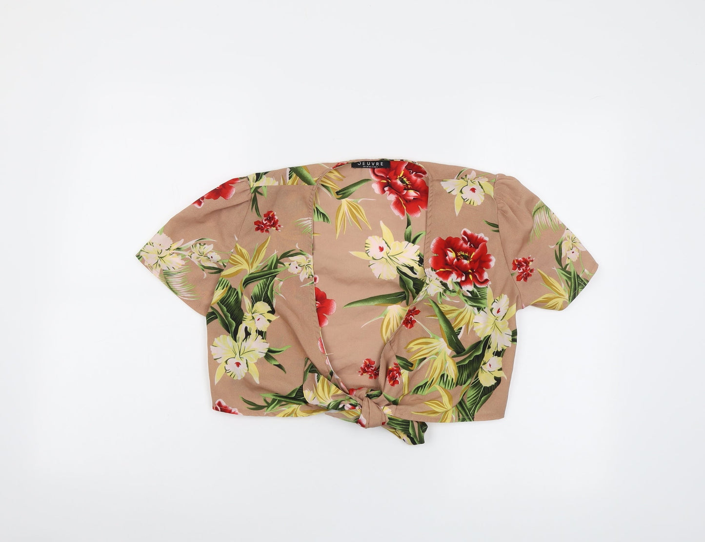 Jeuvre Womens Beige Floral Polyester Cropped Blouse Size 8 V-Neck - Tie Front