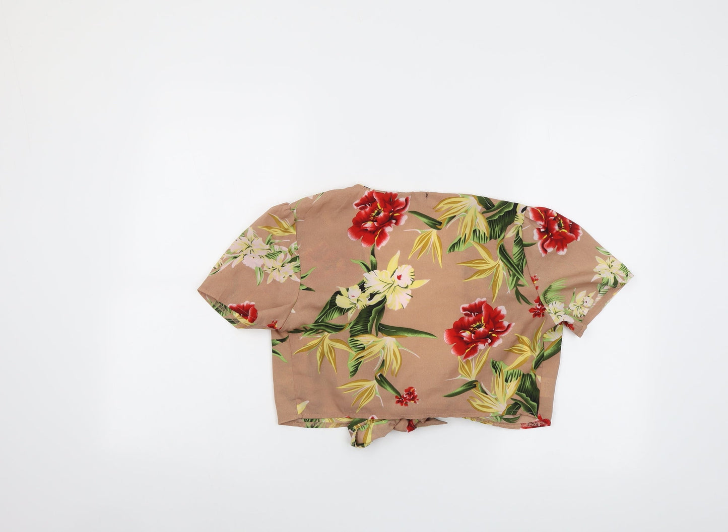 Jeuvre Womens Beige Floral Polyester Cropped Blouse Size 8 V-Neck - Tie Front