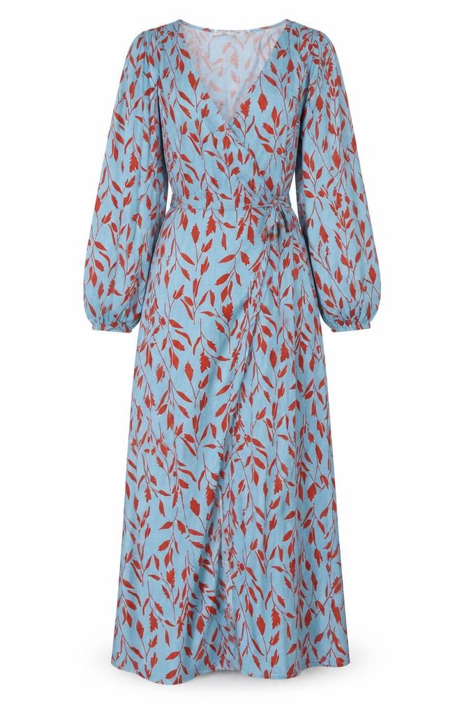 In the Style Womens Blue Geometric Polyester Wrap Dress Size 4 V-Neck Tie - Leaf pattern
