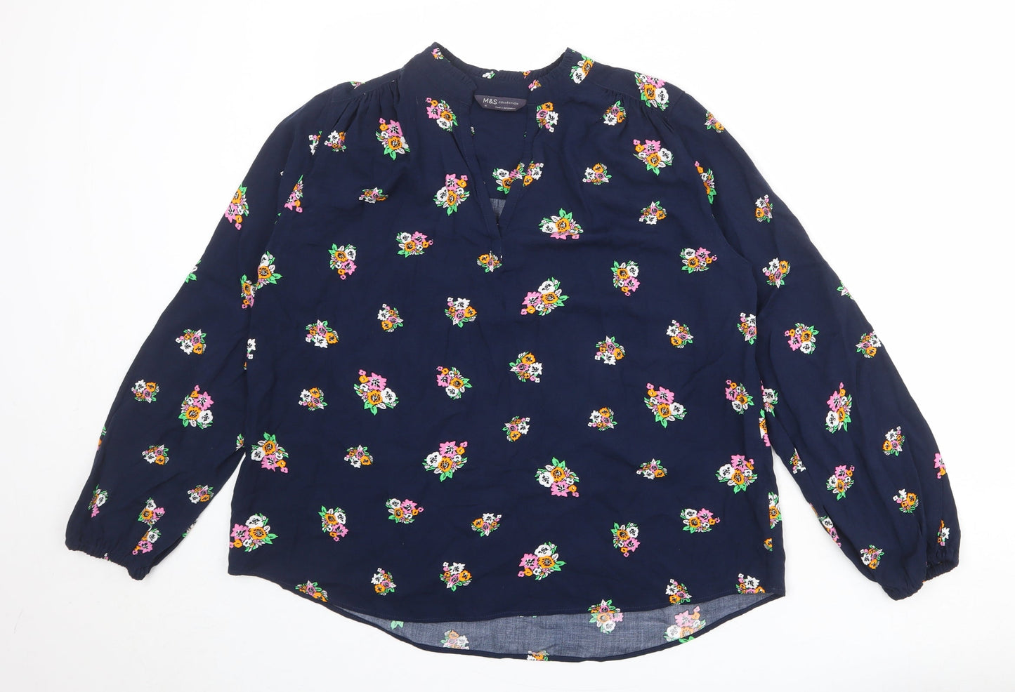 Marks and Spencer Womens Blue Floral Viscose Basic Blouse Size 10 V-Neck