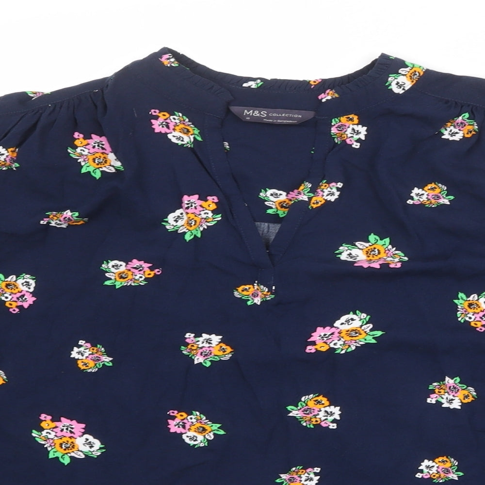 Marks and Spencer Womens Blue Floral Viscose Basic Blouse Size 10 V-Neck