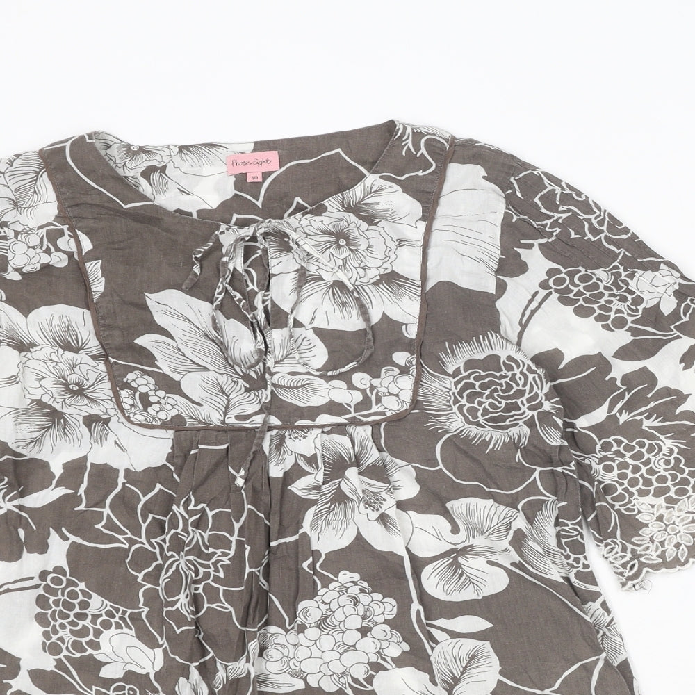 Phase Eight Womens Grey Floral Cotton Basic Blouse Size 10 Boat Neck