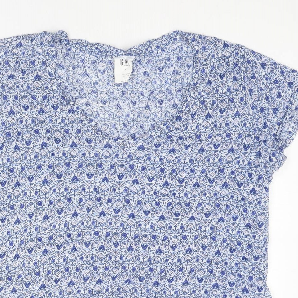 Gap Womens Blue Geometric Linen Basic Blouse Size S Round Neck