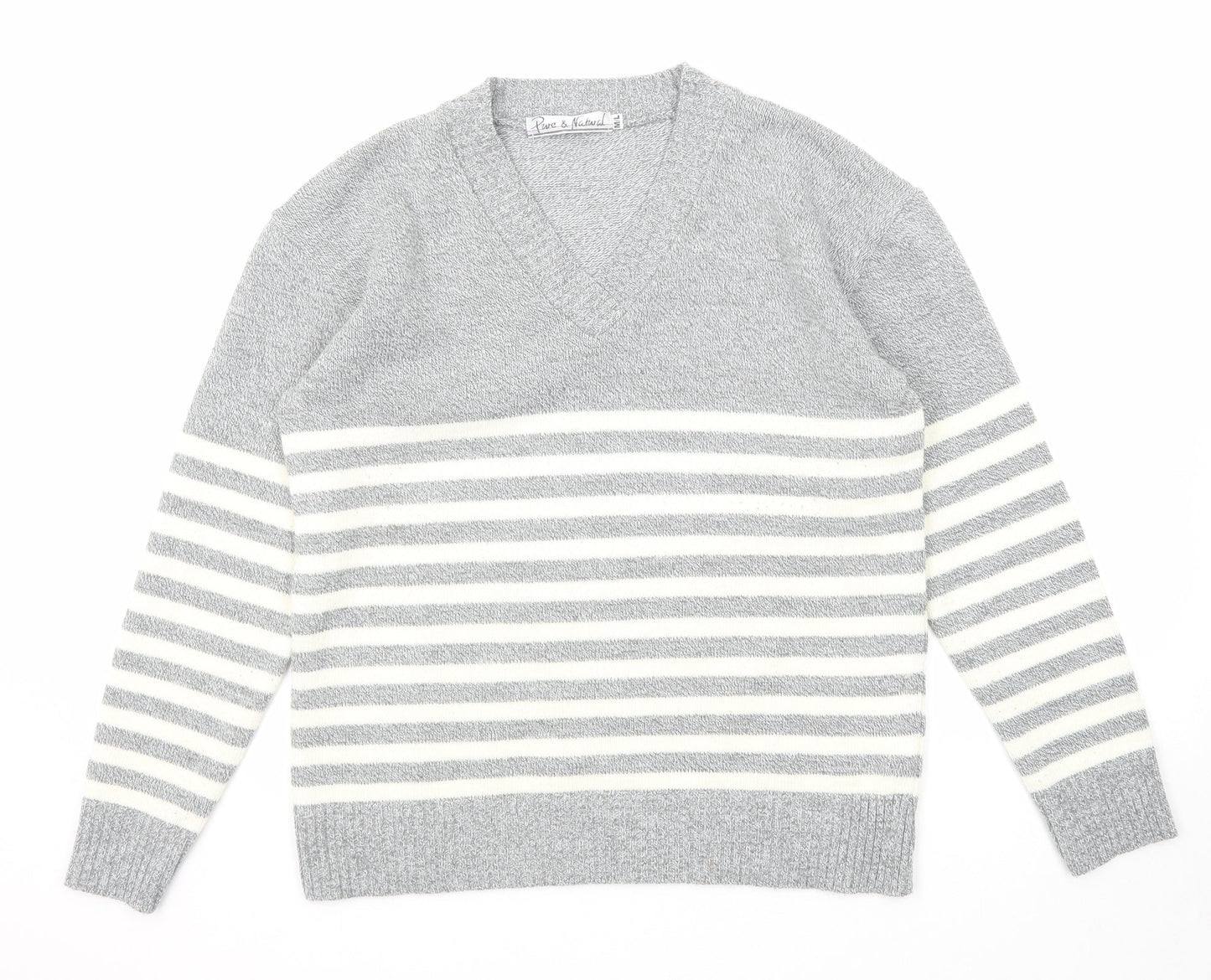 Pure & Natural Womens Grey V-Neck Striped Acrylic Pullover Jumper Size M - Size M-L