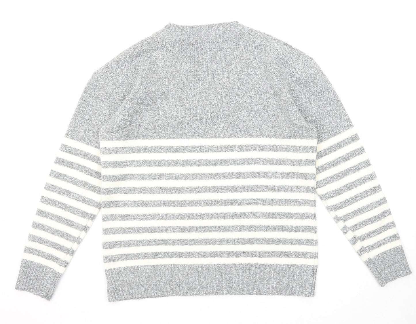 Pure & Natural Womens Grey V-Neck Striped Acrylic Pullover Jumper Size M - Size M-L