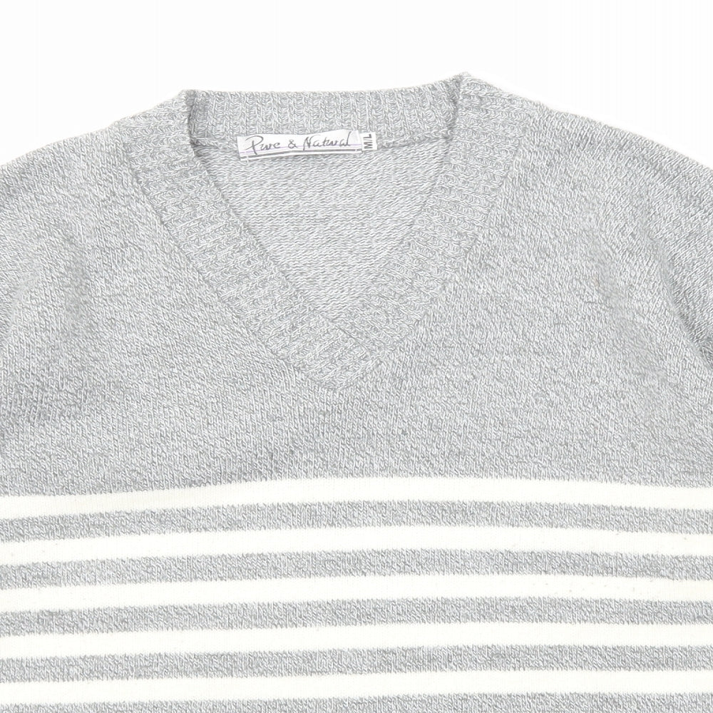 Pure & Natural Womens Grey V-Neck Striped Acrylic Pullover Jumper Size M - Size M-L
