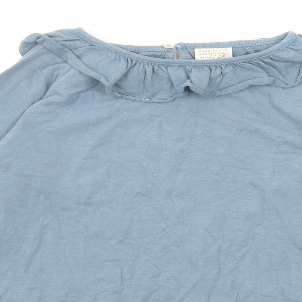 Zara Girls Blue Polyester Basic T-Shirt Size 8 Years Round Neck Button