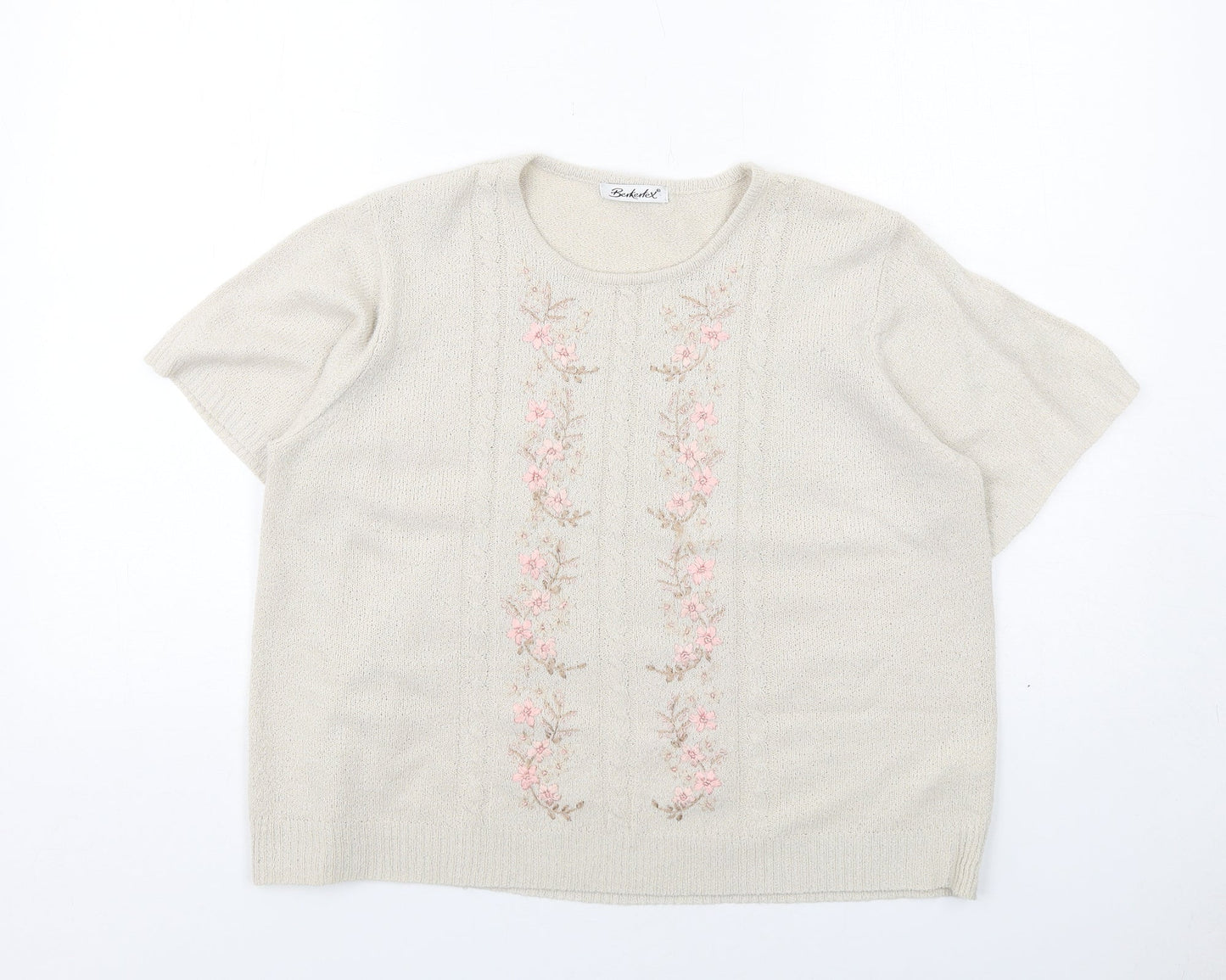 Berkertex Womens Beige Crew Neck Floral Acrylic Pullover Jumper Size 14 Pullover
