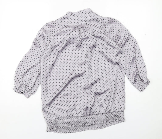 Amphora Womens Grey Polka Dot Polyester Basic Button-Up Size 10 Round Neck - Tie Neck Detail