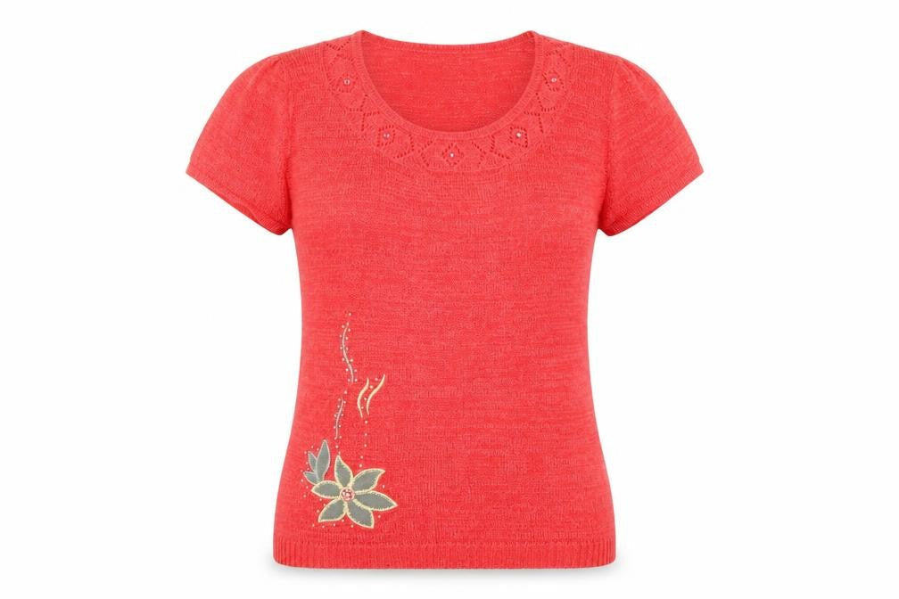 Saloos Womens Pink Round Neck Polyester Pullover Jumper Size M - Flower Detail