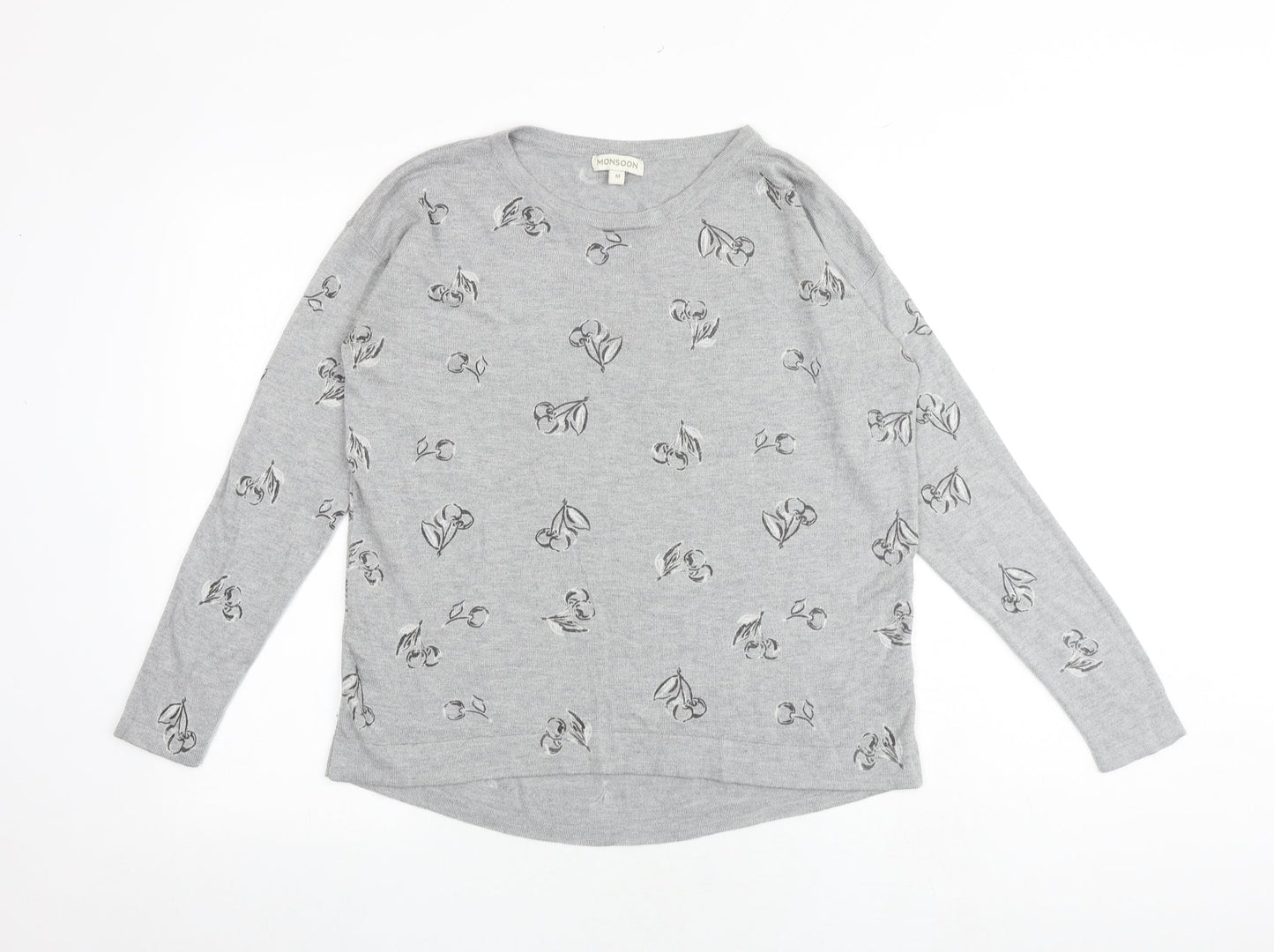 Monsoon Womens Grey Round Neck Geometric Viscose Pullover Jumper Size M - Cherry Pattern
