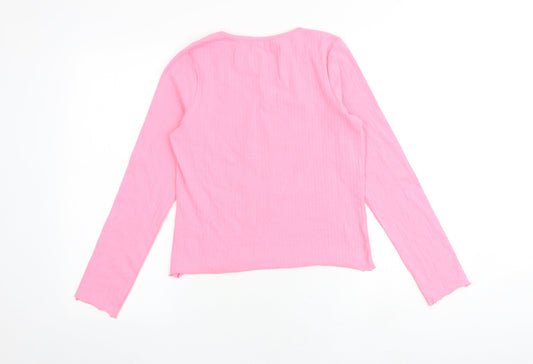 Marks and Spencer Girls Pink Polyester Basic T-Shirt Size 12-13 Years Boat Neck Pullover - Ribbed