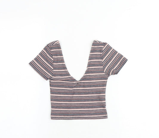 Pull&Bear Womens Multicoloured Striped Cotton Cropped Tank Size XS V-Neck