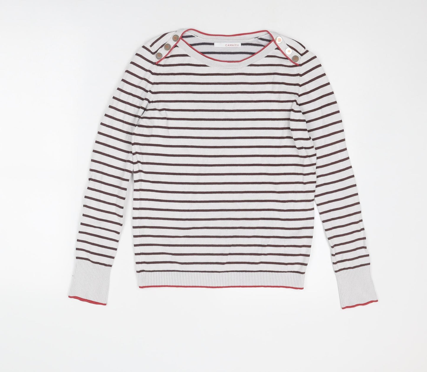 Camaïeu Womens White Round Neck Striped Viscose Pullover Jumper Size S