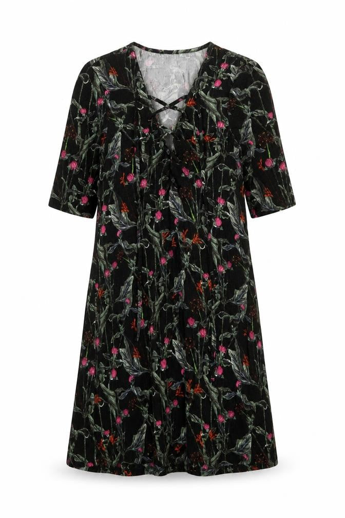 Topshop Womens Black Floral Viscose A-Line Size 10 V-Neck Lace Up