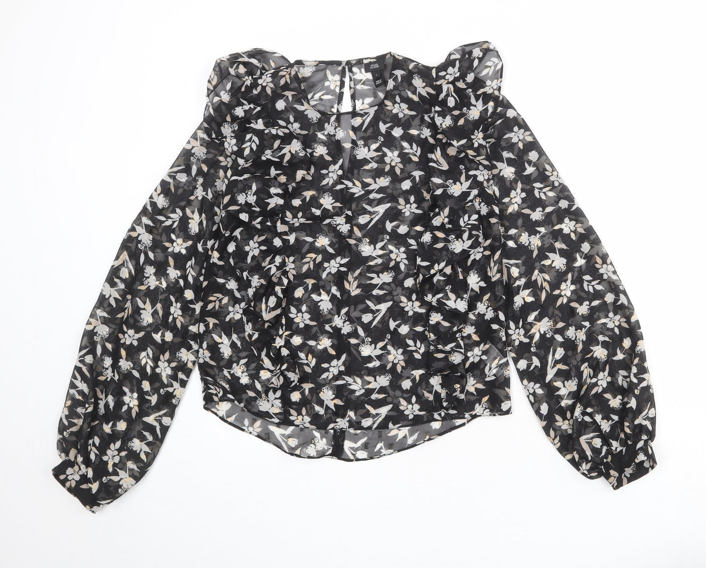 River Island Womens Black Floral Polyester Basic Blouse Size 6 Round Neck