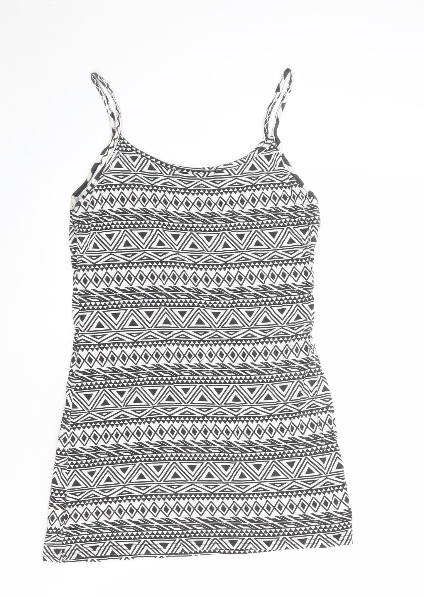 Busy Womens White Geometric Viscose Basic Tank Size S Round Neck - Size S-M