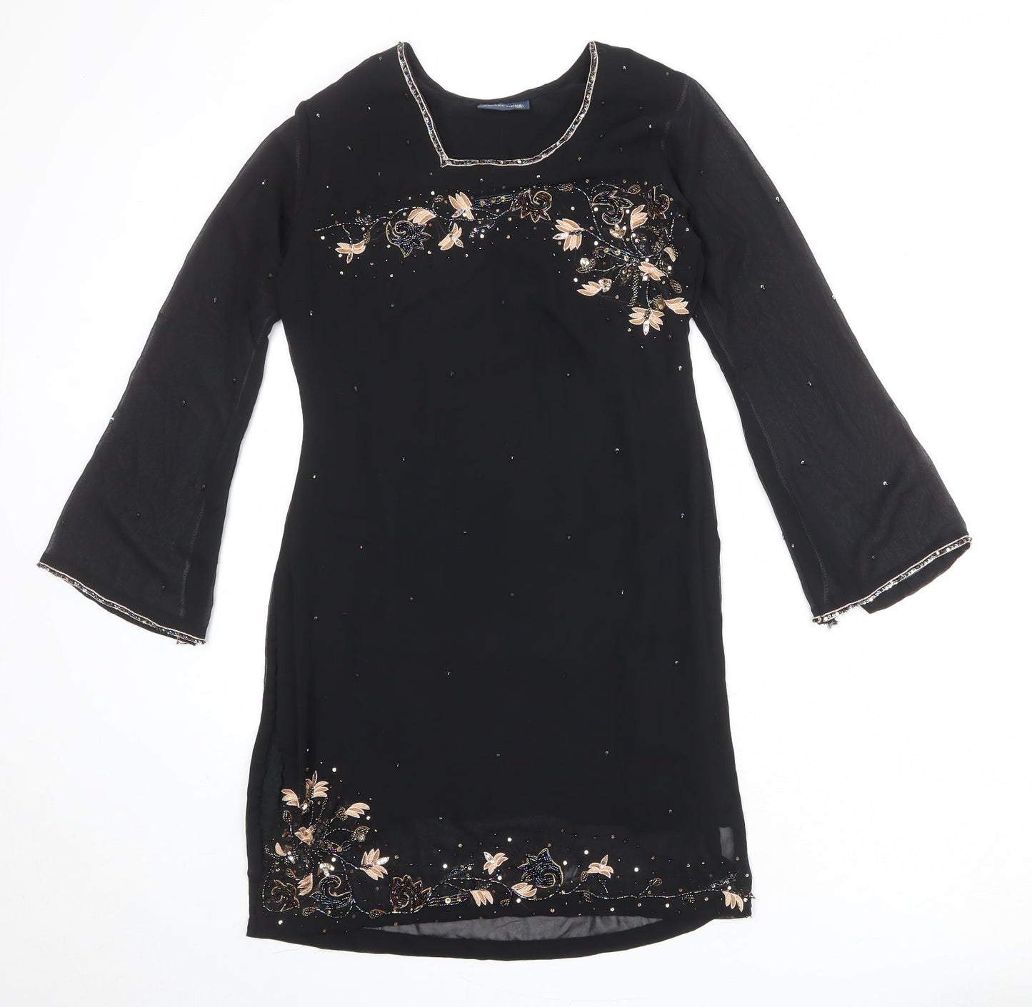 Collections Womens Black Floral Polyester Kaftan Size S Round Neck Pullover