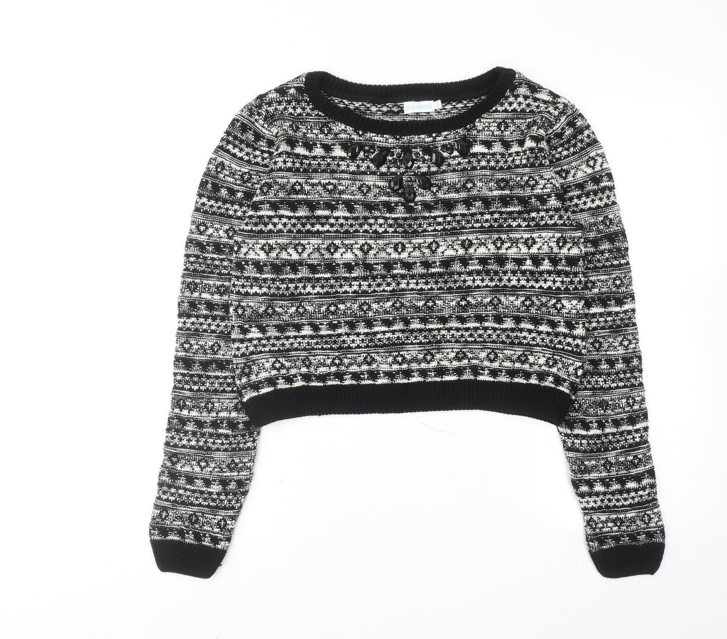BLUE VANILLA Womens Black Round Neck Geometric Acrylic Pullover Jumper Size M