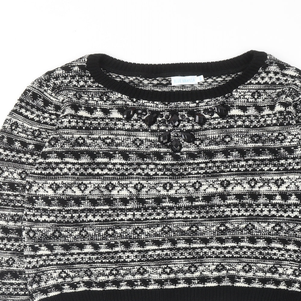 BLUE VANILLA Womens Black Round Neck Geometric Acrylic Pullover Jumper Size M