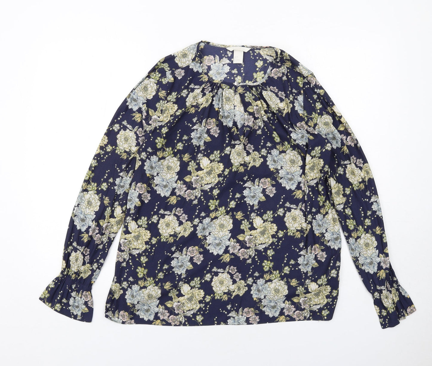 H&M Womens Blue Floral Polyester Basic Blouse Size 8 Boat Neck