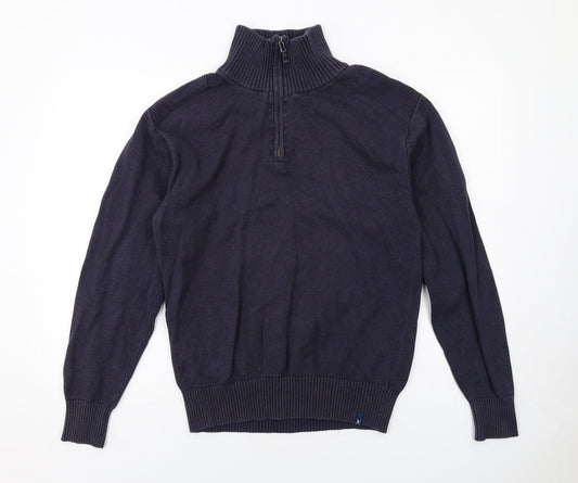 James Harvest Mens Blue High Neck Cotton Full Zip Jumper Size M Long Sleeve