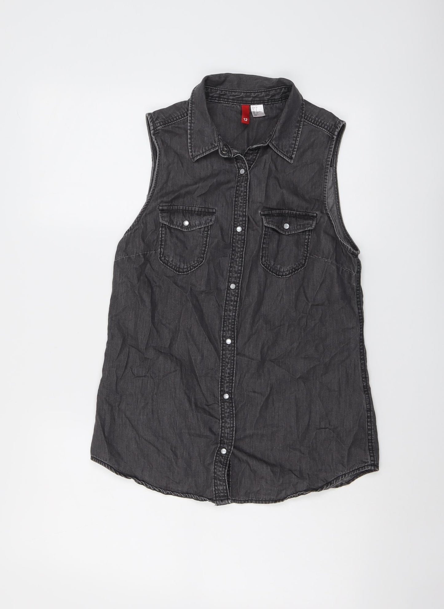 H&M Womens Grey Cotton Basic Button-Up Size 10 Collared