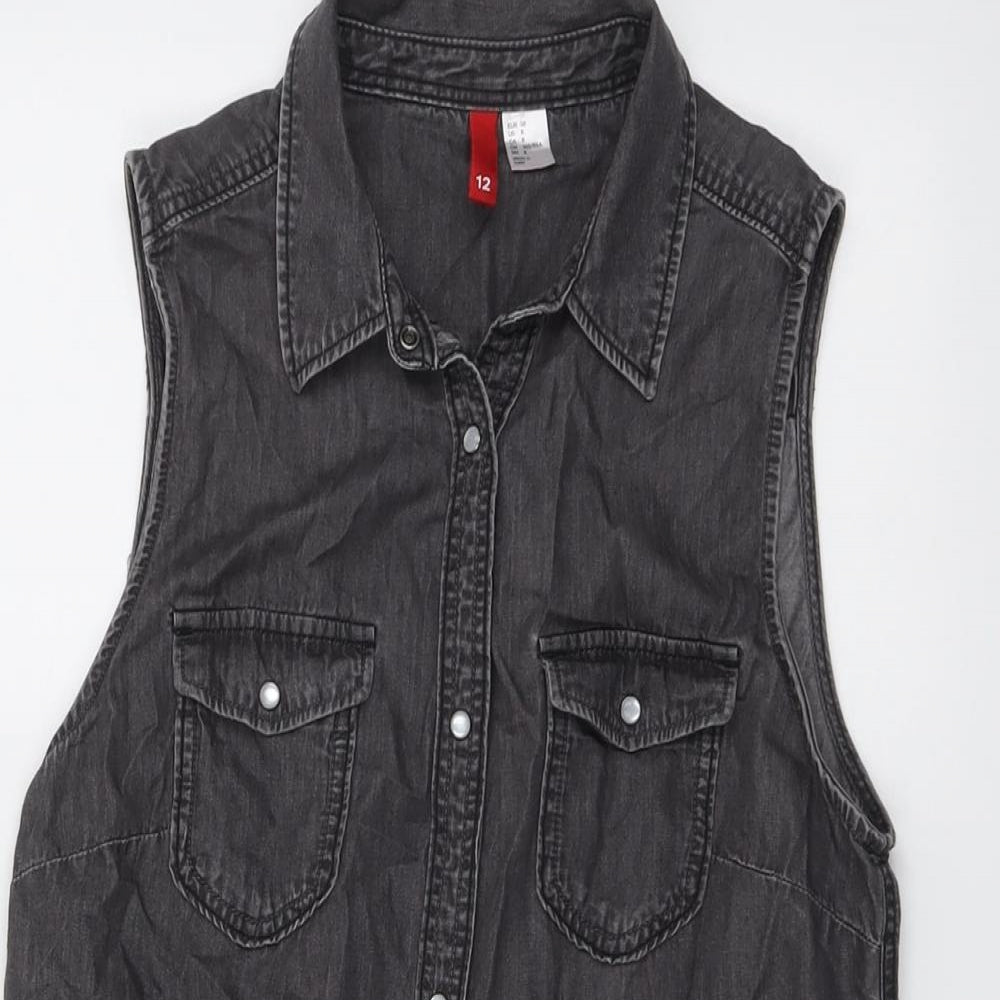 H&M Womens Grey Cotton Basic Button-Up Size 10 Collared