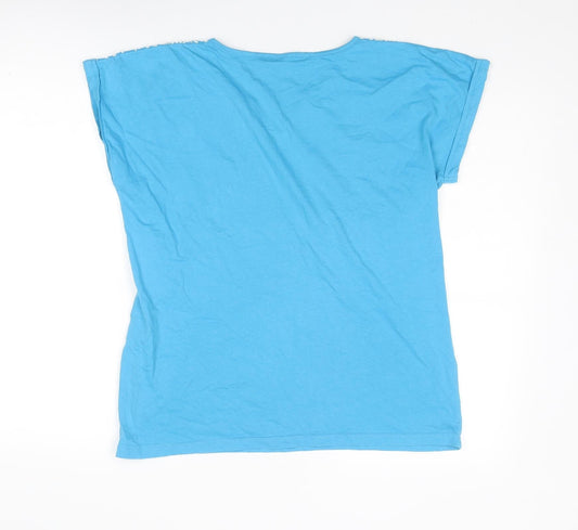 EWM Womens Blue Geometric Cotton Basic T-Shirt Size 14 V-Neck