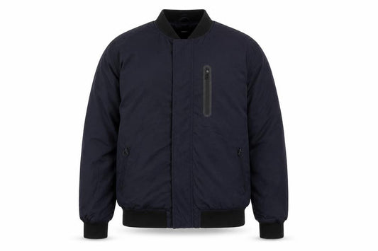 Front view of ASOS men’s blue bomber jacket jacket, size L, zip