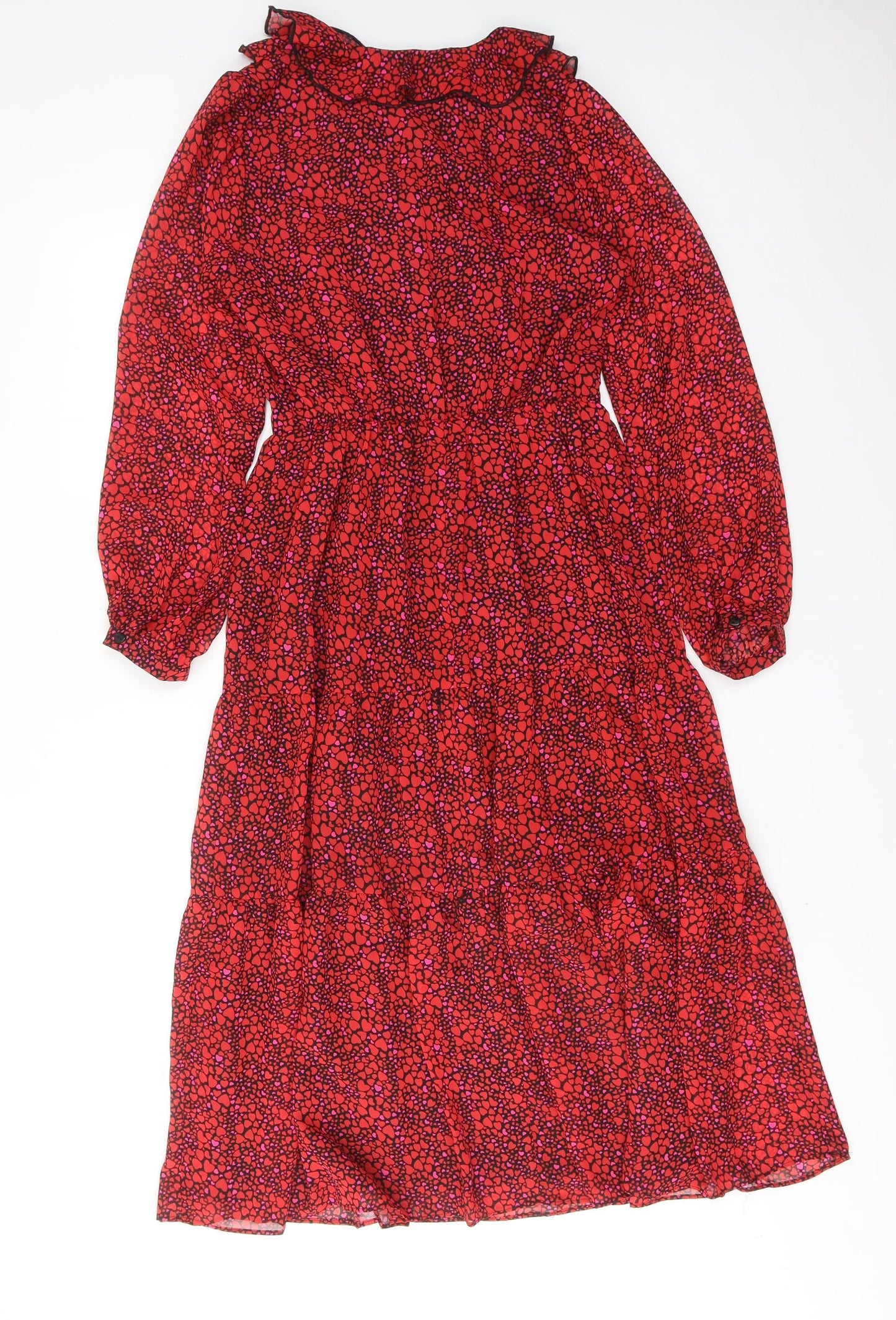 Savida Womens Red Geometric Polyester Maxi Size XS V-Neck Pullover - Heart pattern