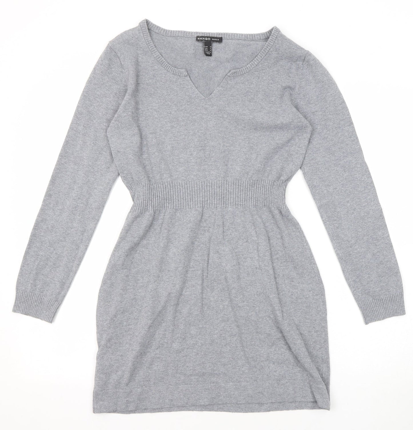Mango Womens Grey Cotton Jumper Dress Size M V-Neck Pullover