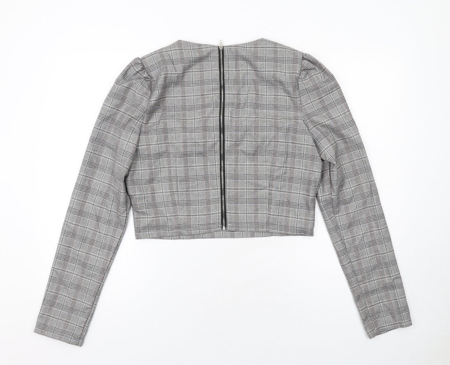 Missguided Womens Grey Plaid Polyester Cropped Blouse Size 12 Boat Neck