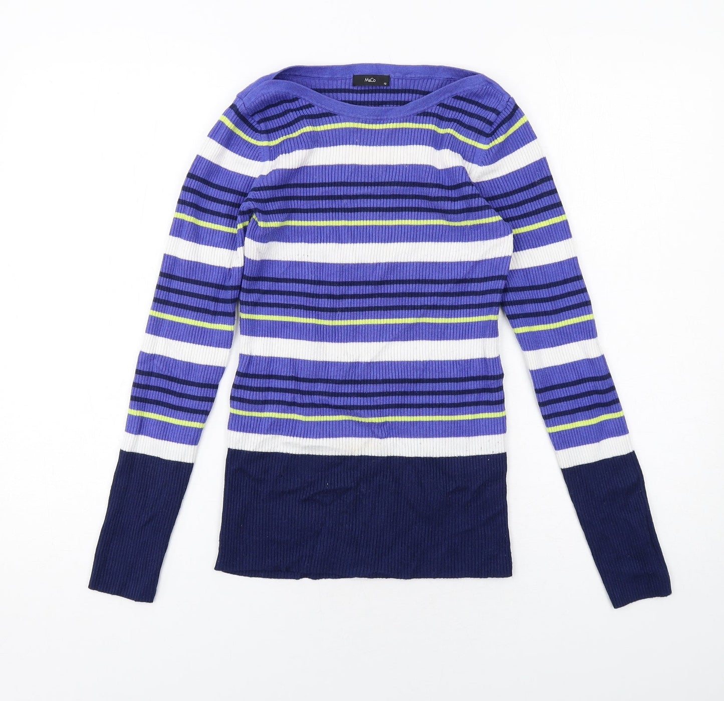 M&Co Womens Blue Boat Neck Striped Viscose Pullover Jumper Size 12