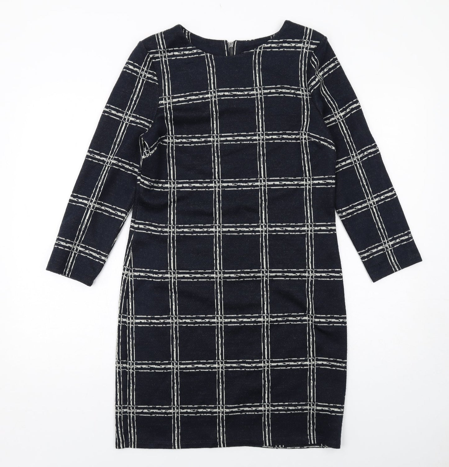 Phase Eight Womens Blue Check Acrylic Pencil Dress Size 10 Boat Neck Zip