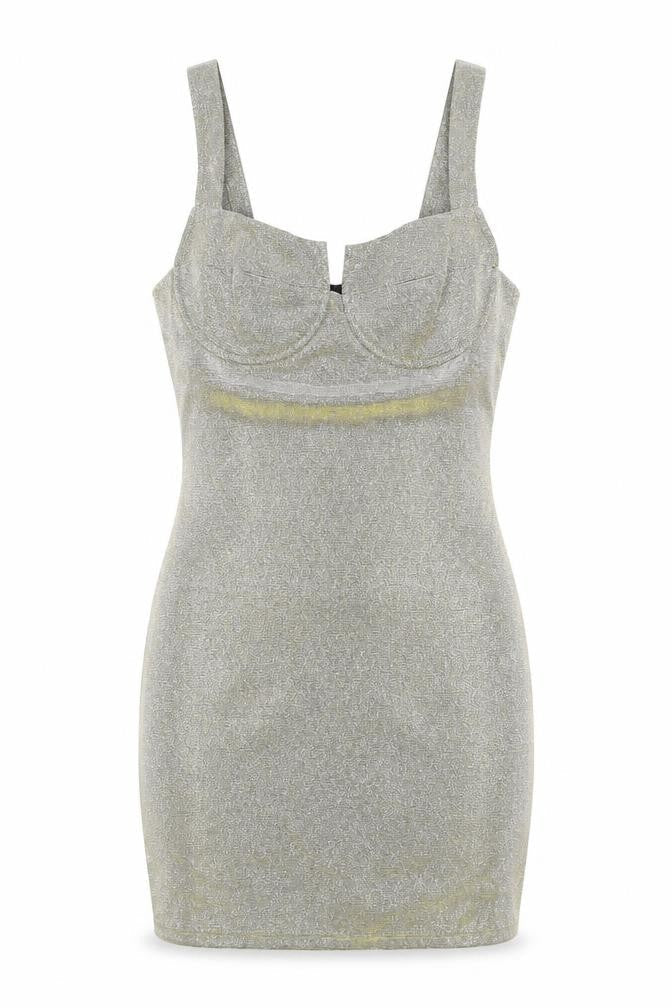 Front view of Missguided women’s gold polyester mini, size UK 8, sweetheart zip