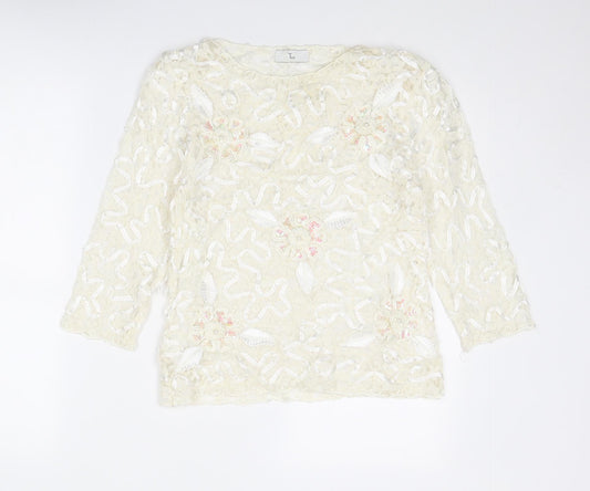 Tia Womens Ivory Polyester Basic Blouse Size 12 Round Neck