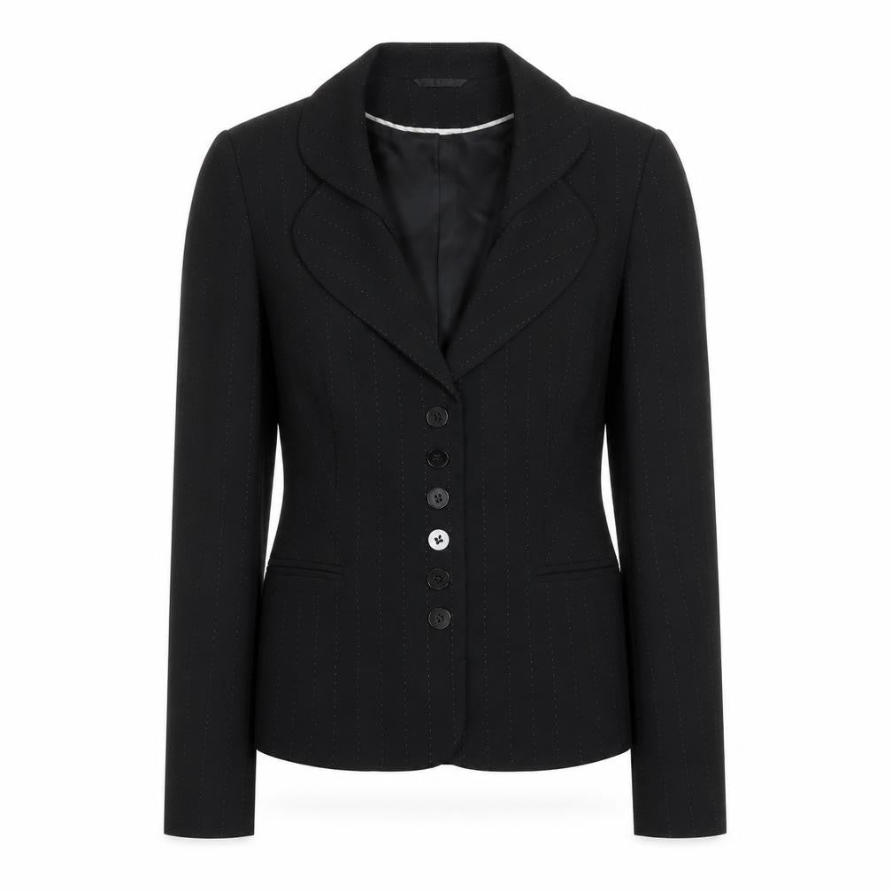 Front view of Principles women’s black pinstripe polyester jacket suit jacket, size UK 12