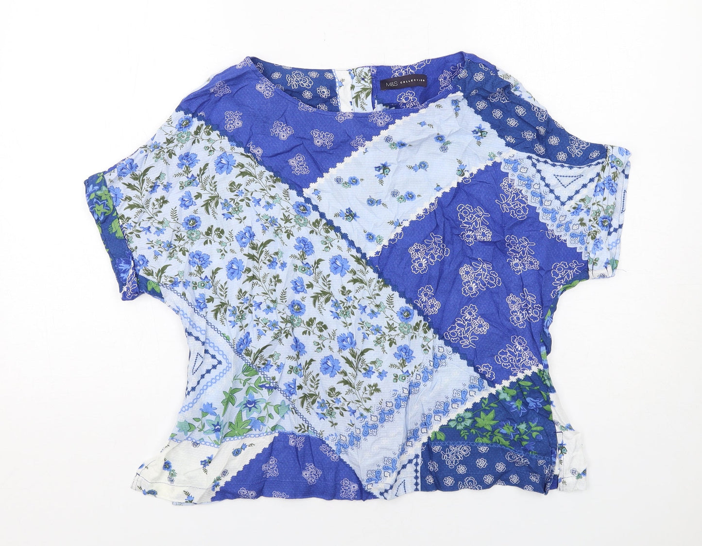 Marks and Spencer Womens Blue Geometric Viscose Basic Blouse Size 12 Round Neck