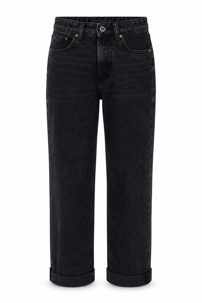 Front view of Denim & Co. women’s black cotton straight jeans, size UK 6, 23-inch leg regular button
