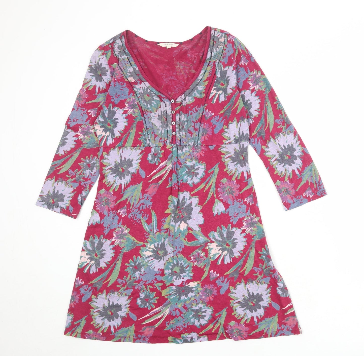 Marks and Spencer Womens Purple Floral 100% Cotton A-Line Size 12 V-Neck Button