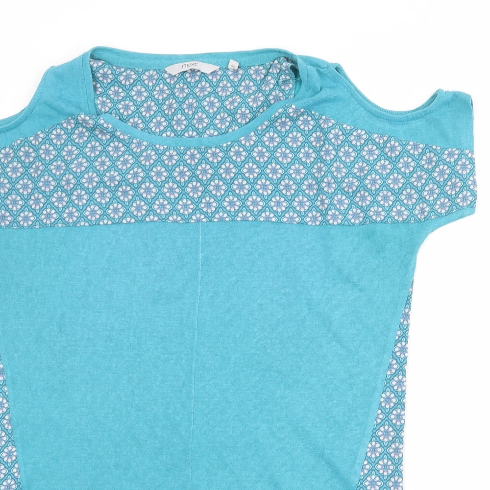 NEXT Womens Blue Geometric Polyester Basic T-Shirt Size 6 Round Neck - Cold Shoulder