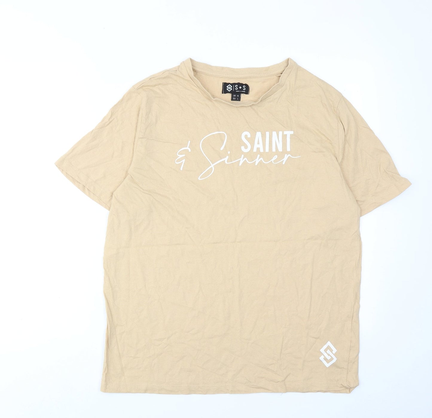 Saint+Sinner Womens Beige Cotton Basic T-Shirt Size 14 Round Neck