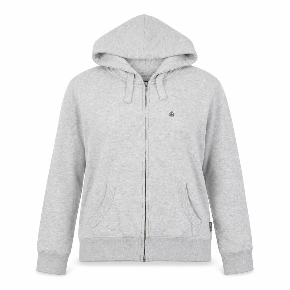 Front view of French Connection women’s grey cotton full zip hoodie, size S, zip