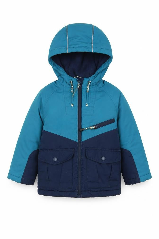 Front view of John Lewis boys’ blue jacket, size 2, years zip