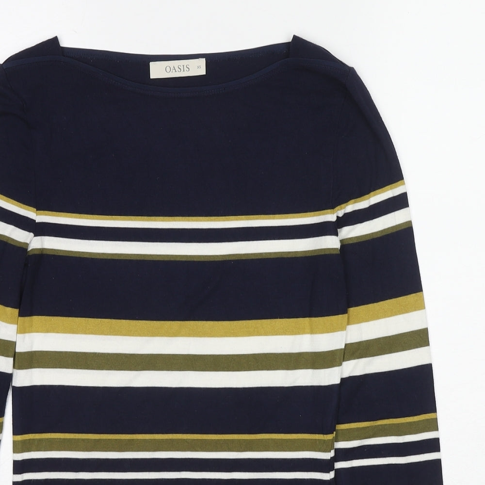 Oasis Womens Multicoloured Striped Viscose Basic T-Shirt Size XS Boat Neck