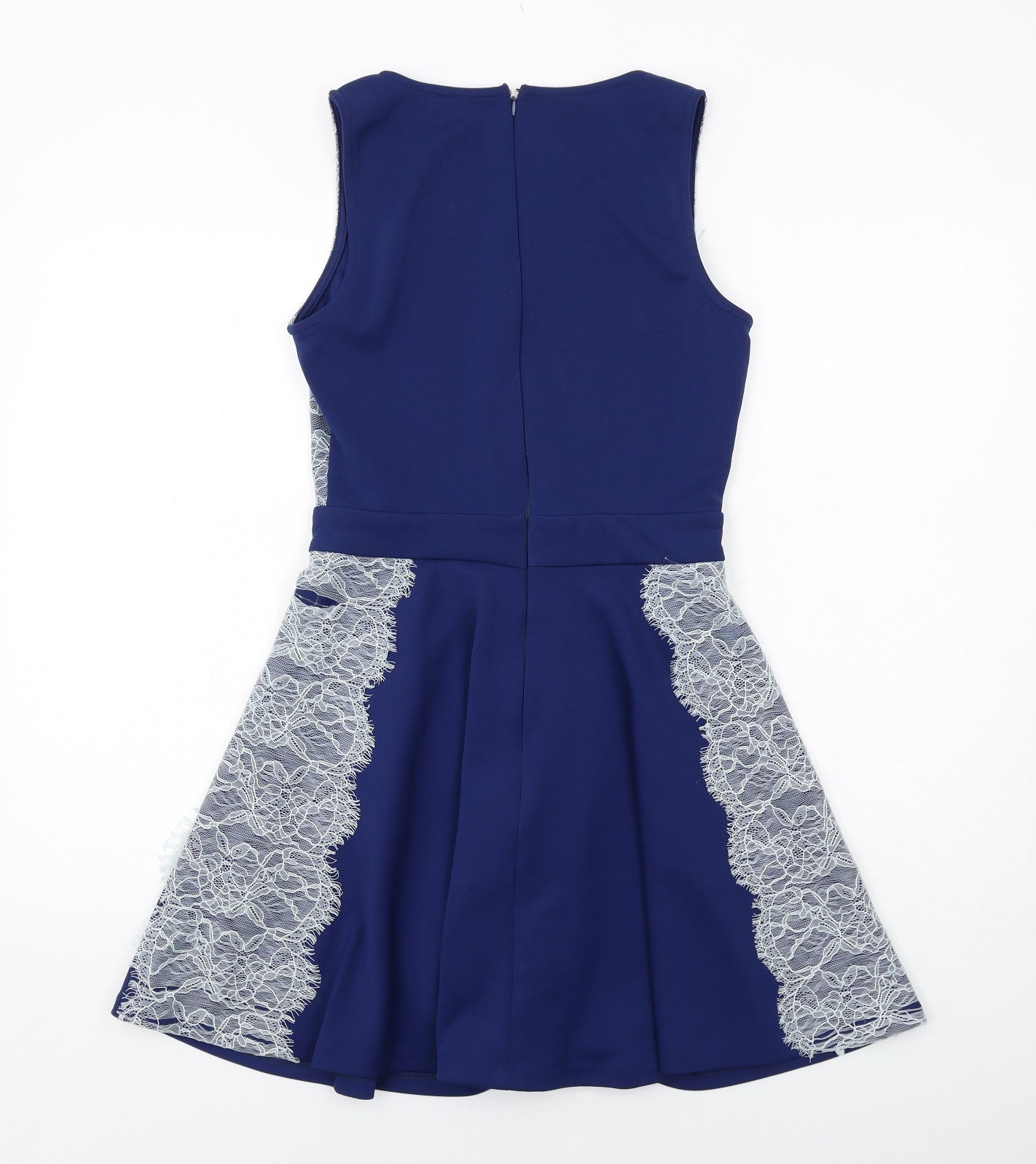 ASOS Womens Blue Polyester Skater Dress Size 12 Round Neck Zip - Lace Details